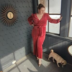 ALI & JAY Red Ribbed Wrap Jumpsuit with Waist Tie